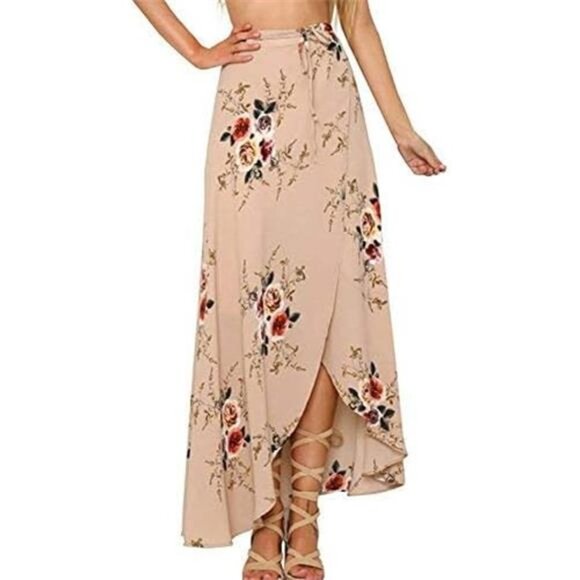 Boho Nude Floral Print Tie Waist Wrap Maxi Skirt Leg Slit Flowy Skirt Cover Up - Picture 6 of 10